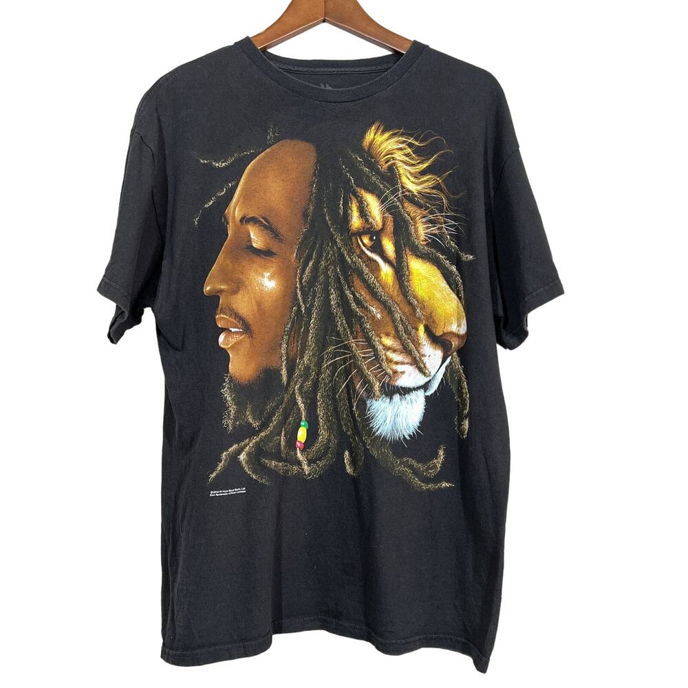 Y2K Bob Marley Merch Graphic Tee Zion Roots Black - L